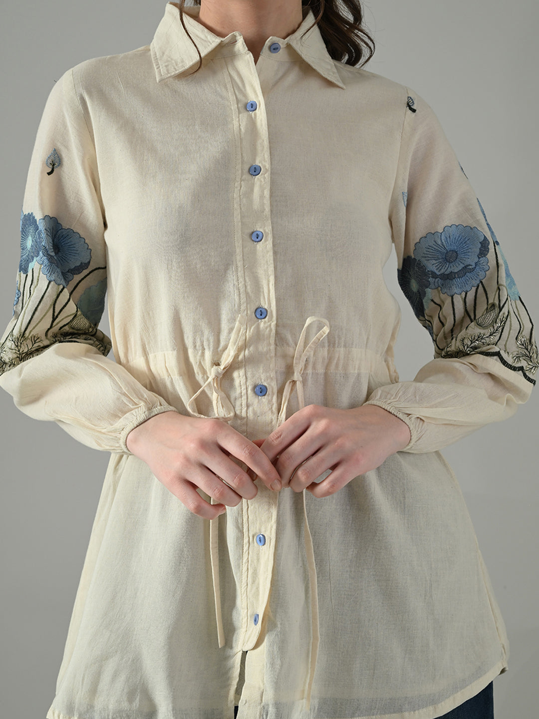 Myshka Women Off White Multicolor Thread Embroidered Shirt