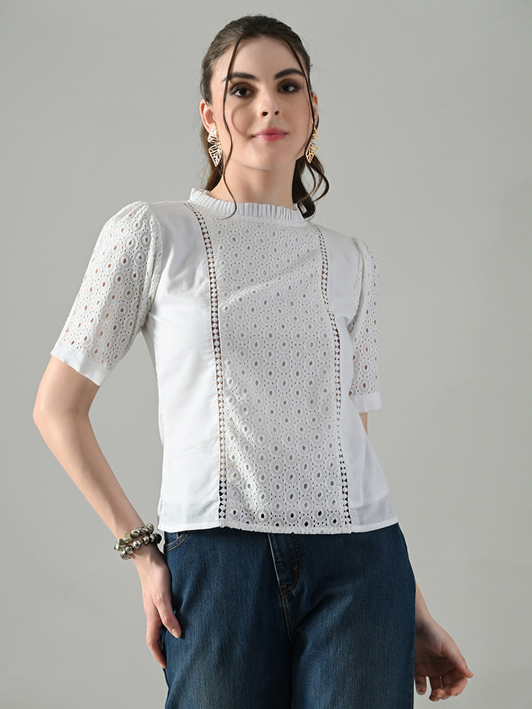 Myshka Women White Puff Sleeves Top With Schiffli Work