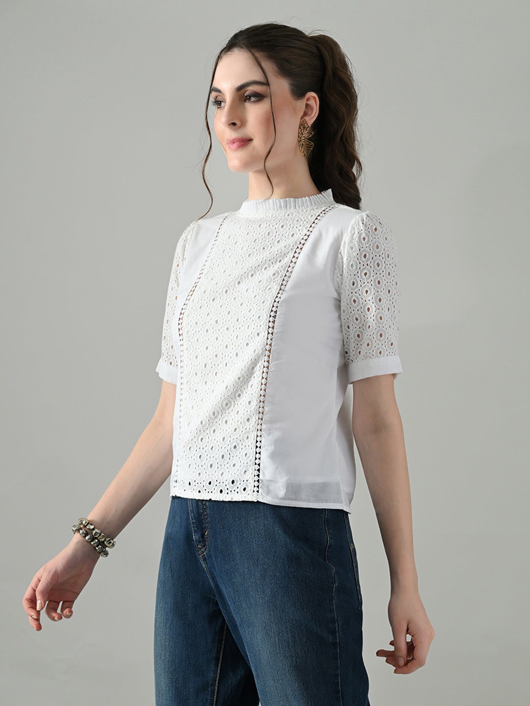 Myshka Women White Puff Sleeves Top With Schiffli Work