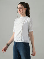 Thumbnail for Myshka Women White Puff Sleeves Top With Schiffli Work