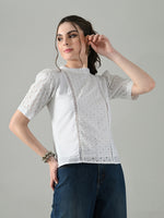 Thumbnail for Myshka Women White Puff Sleeves Top With Schiffli Work