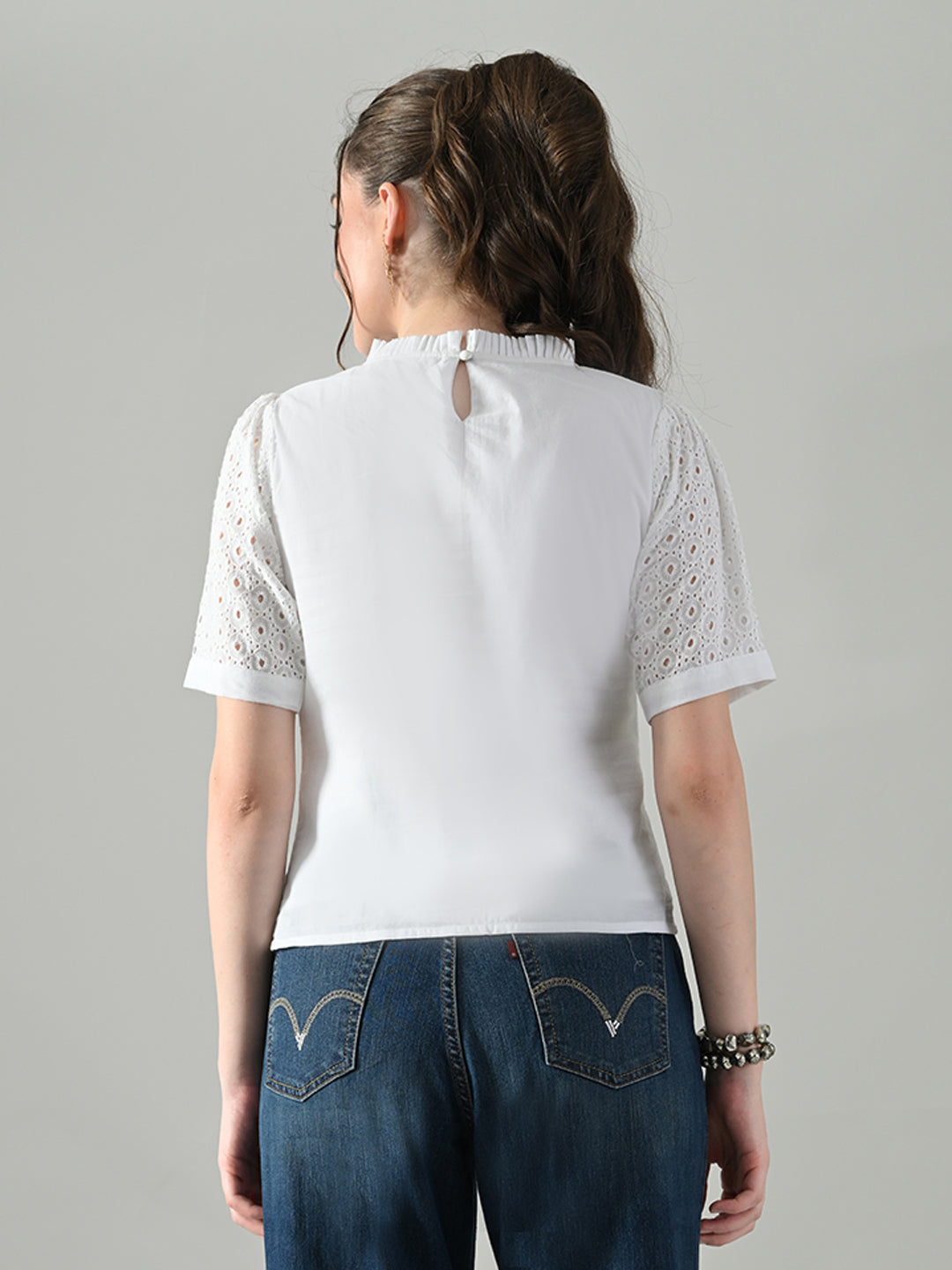 Myshka Women White Puff Sleeves Top With Schiffli Work