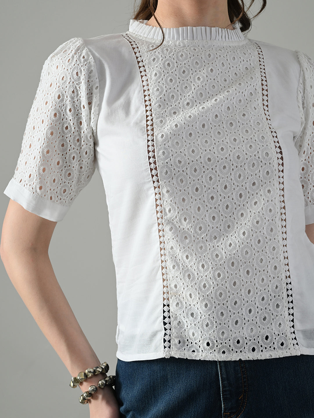 Myshka Women White Puff Sleeves Top With Schiffli Work