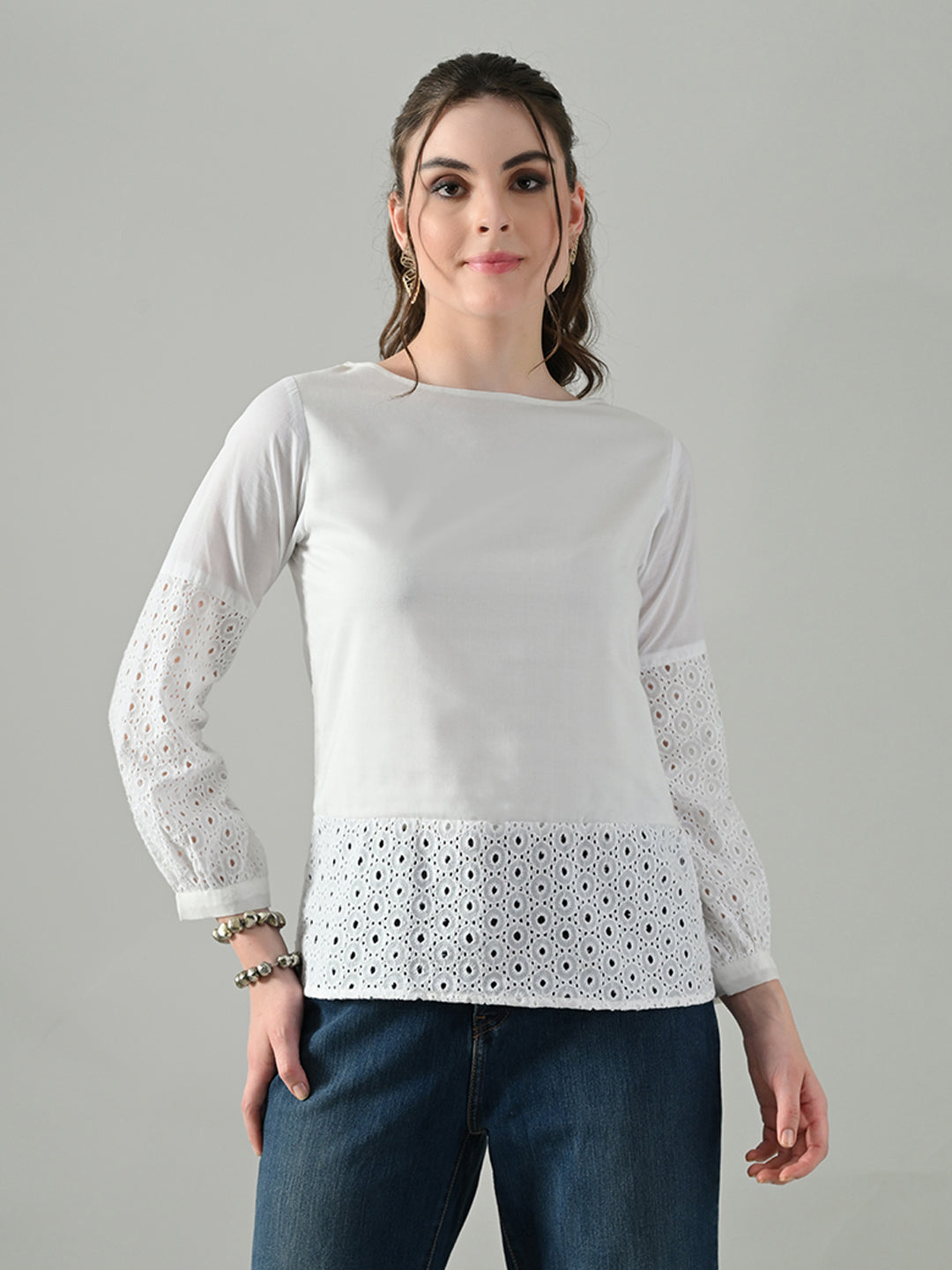 Myshka Women White Full Sleeve Top With Schiffli Work