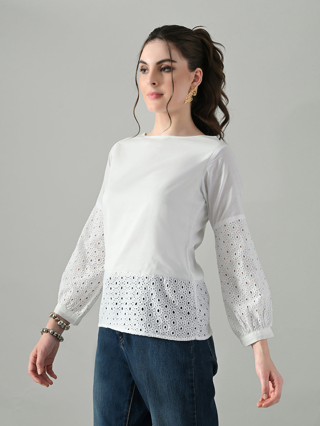 Myshka Women White Full Sleeve Top With Schiffli Work