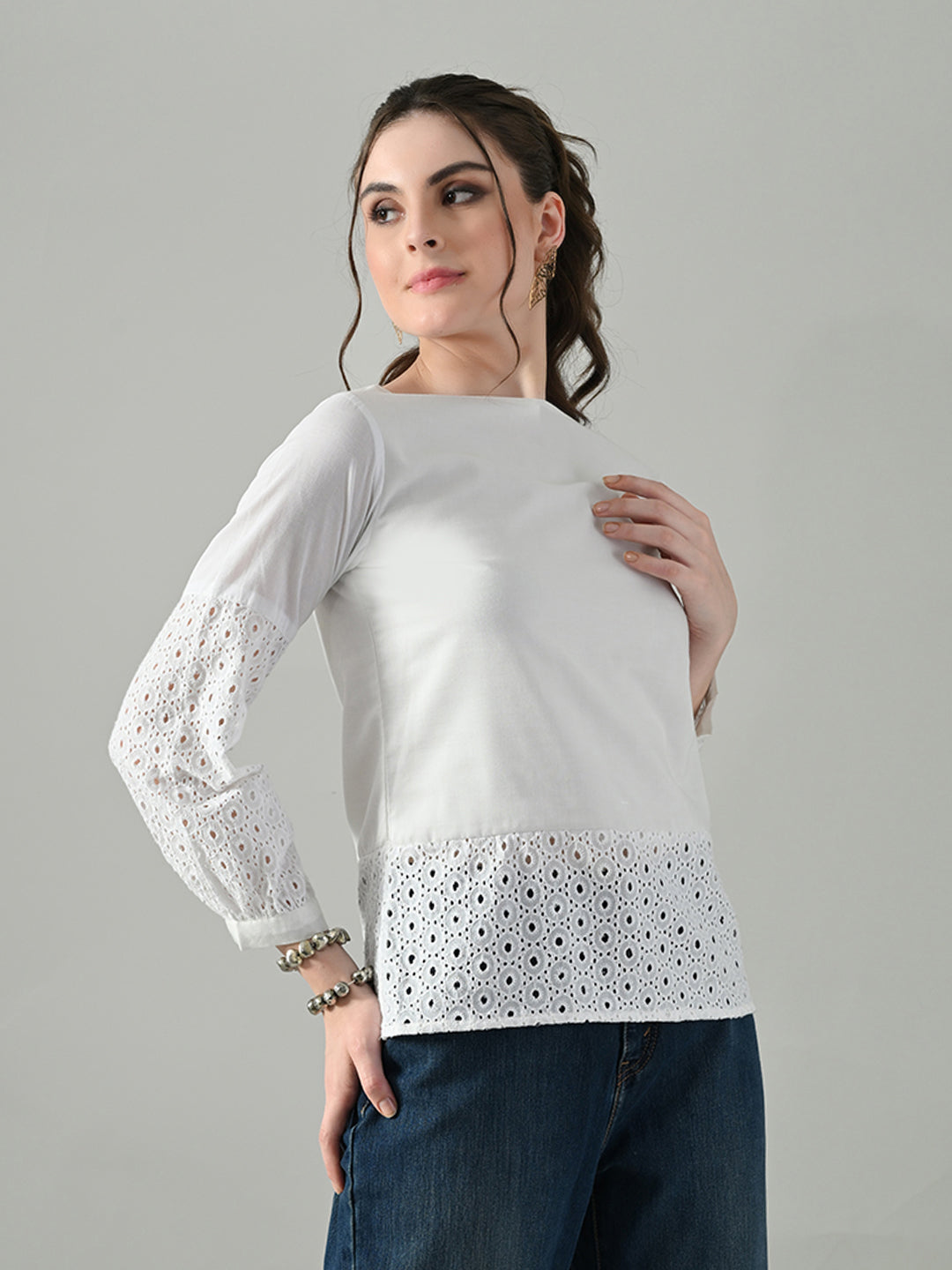 Myshka Women White Full Sleeve Top With Schiffli Work