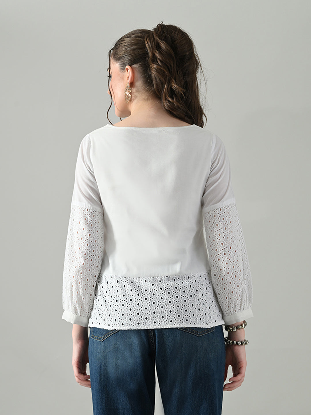 Myshka Women White Full Sleeve Top With Schiffli Work