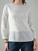 Thumbnail for Myshka Women White Full Sleeve Top With Schiffli Work