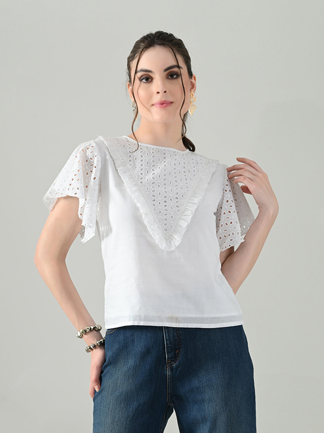 Myshka Women White Top With Schiffli Work Butterfly Sleeves