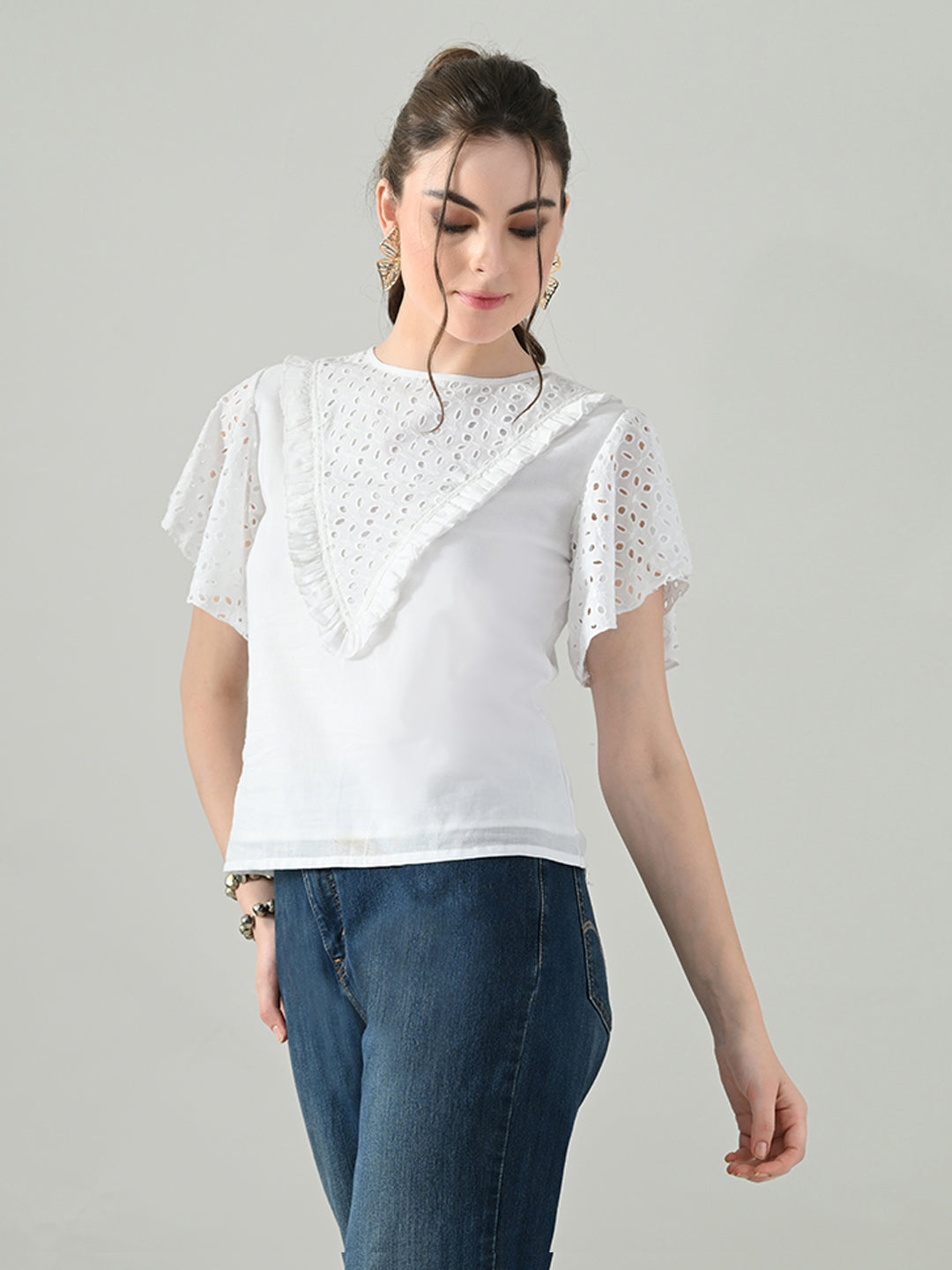 Myshka Women White Top With Schiffli Work Butterfly Sleeves