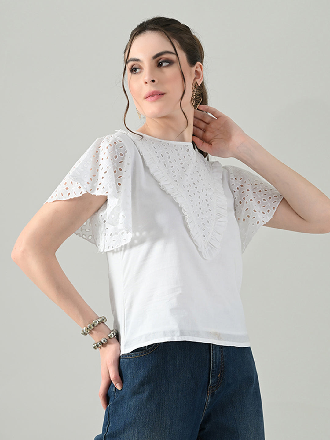 Myshka Women White Top With Schiffli Work Butterfly Sleeves