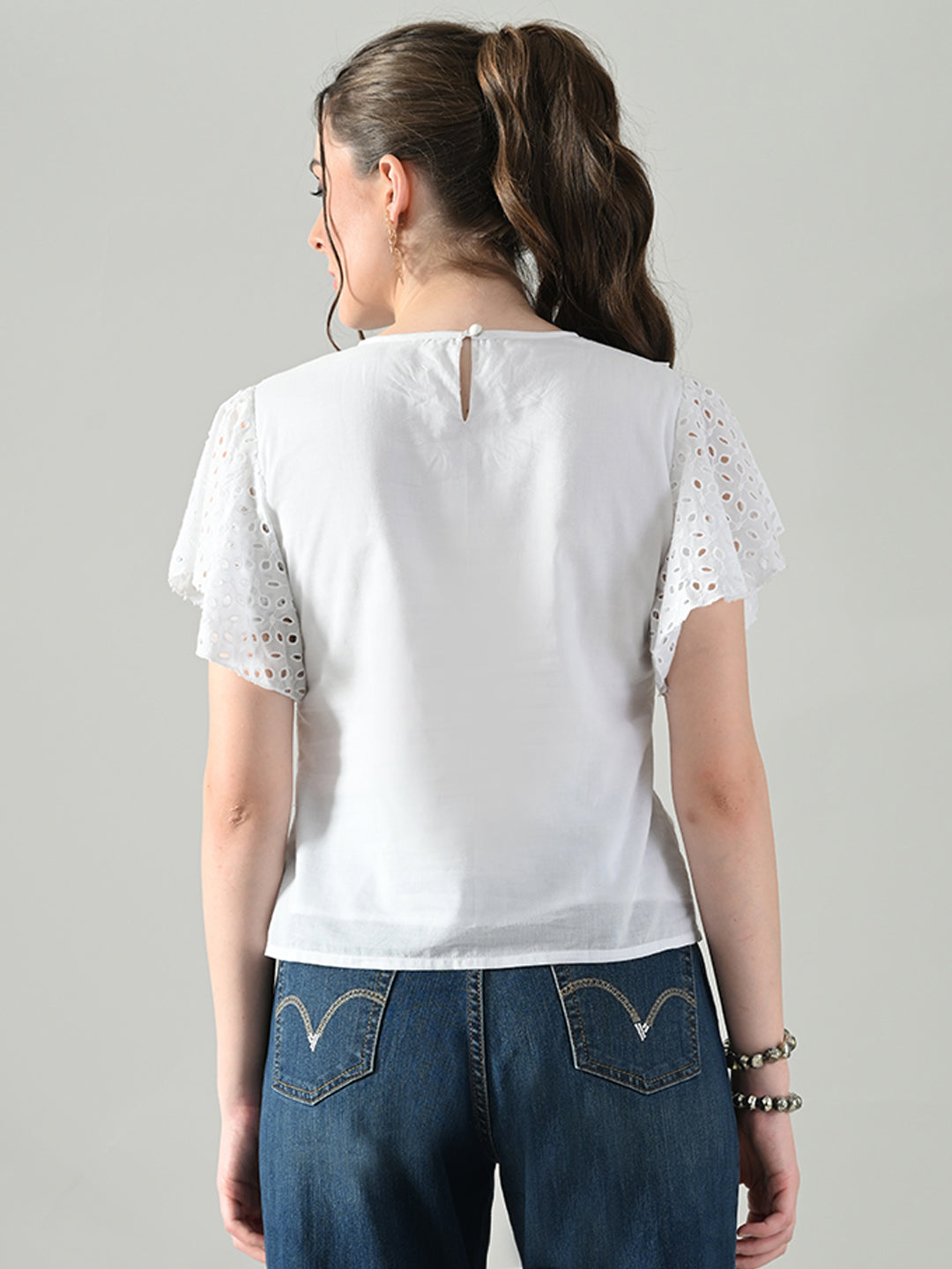 Myshka Women White Top With Schiffli Work Butterfly Sleeves