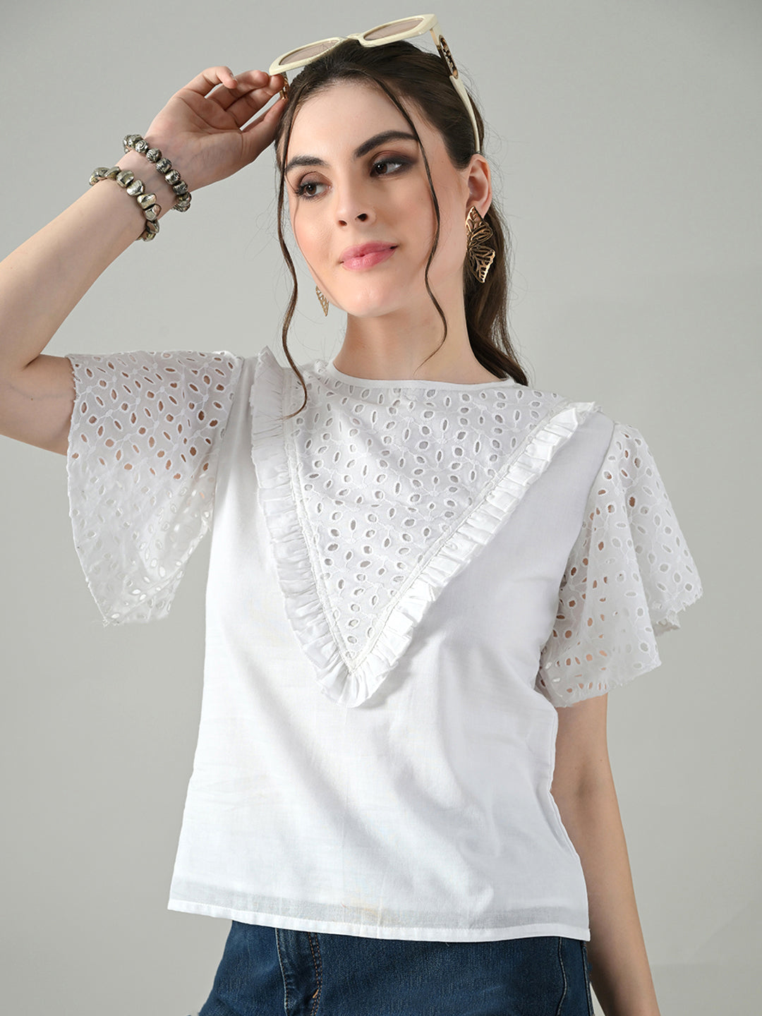 Myshka Women White Top With Schiffli Work Butterfly Sleeves