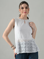Thumbnail for Myshka Women White Sleeveless Peplum Top Schiffli Work