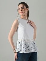 Thumbnail for Myshka Women White Sleeveless Peplum Top Schiffli Work