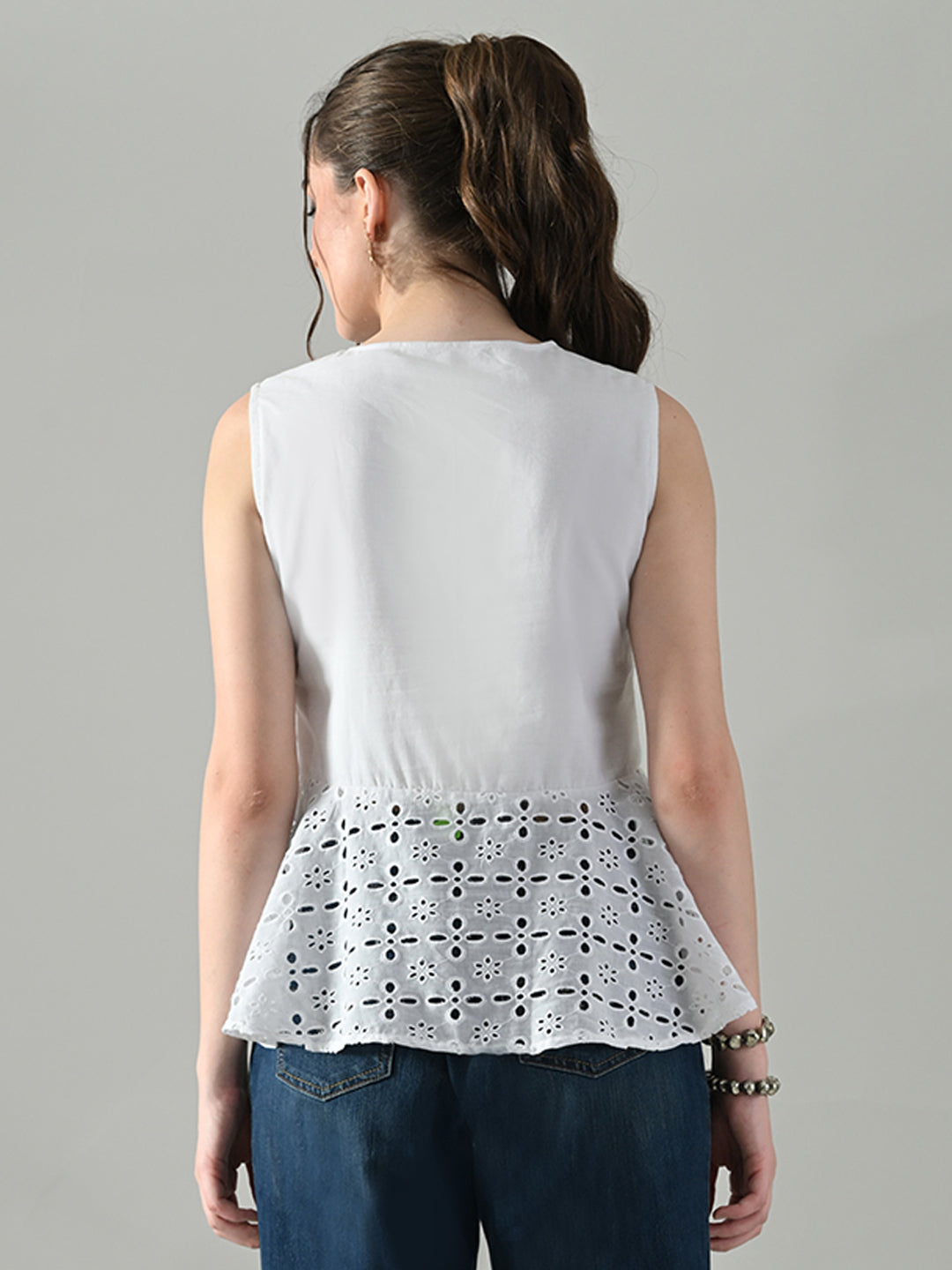 Myshka Women White Sleeveless Peplum Top Schiffli Work