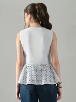 Thumbnail for Myshka Women White Sleeveless Peplum Top Schiffli Work