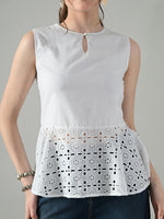 Thumbnail for Myshka Women White Sleeveless Peplum Top Schiffli Work