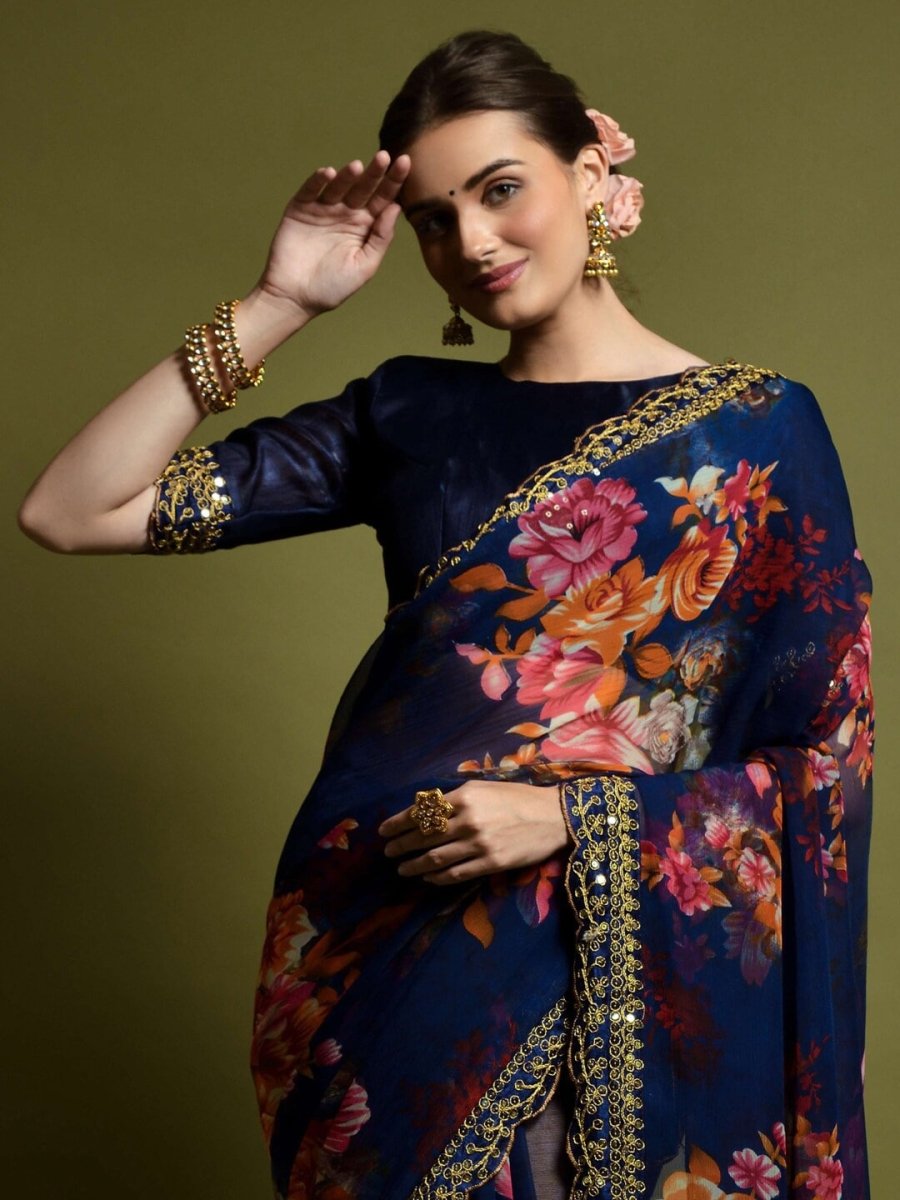 Anouk Navy Blue & Pink Floral Printed Embroidered Saree - Distacart