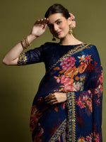 Thumbnail for Anouk Navy Blue & Pink Floral Printed Embroidered Saree - Distacart