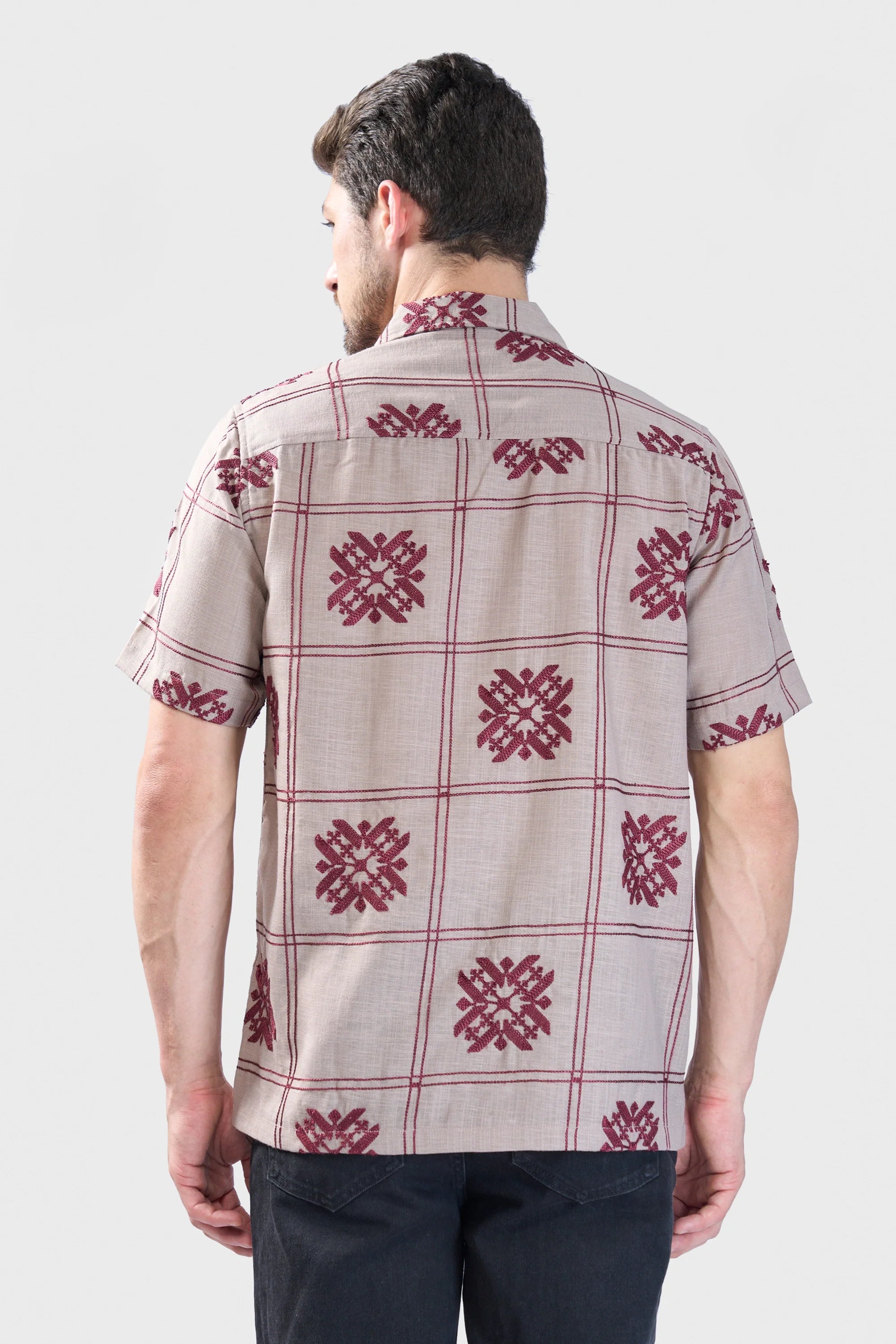 Xkind Light Maroon Embroidered Releaxed Fit Shirt