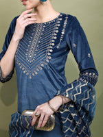 Thumbnail for Vishudh Women Teal Embroidered Knited Velvet Kurta with Trousers & Dupatta