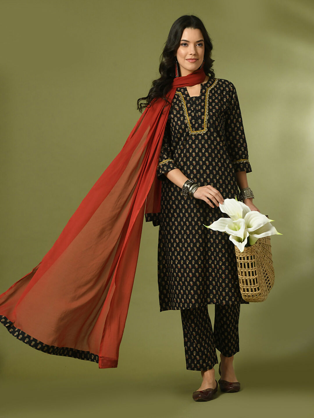 Myshka Women's Black Printed Cotton Straight Party Kurta Set With Dupatta - Distacart