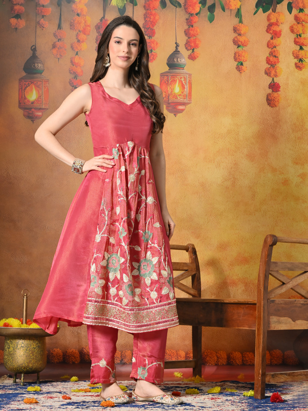 Myshka Women Pink Embroidered Sleeveless Kurta Set with Dupatta Festive Wear - Distacart