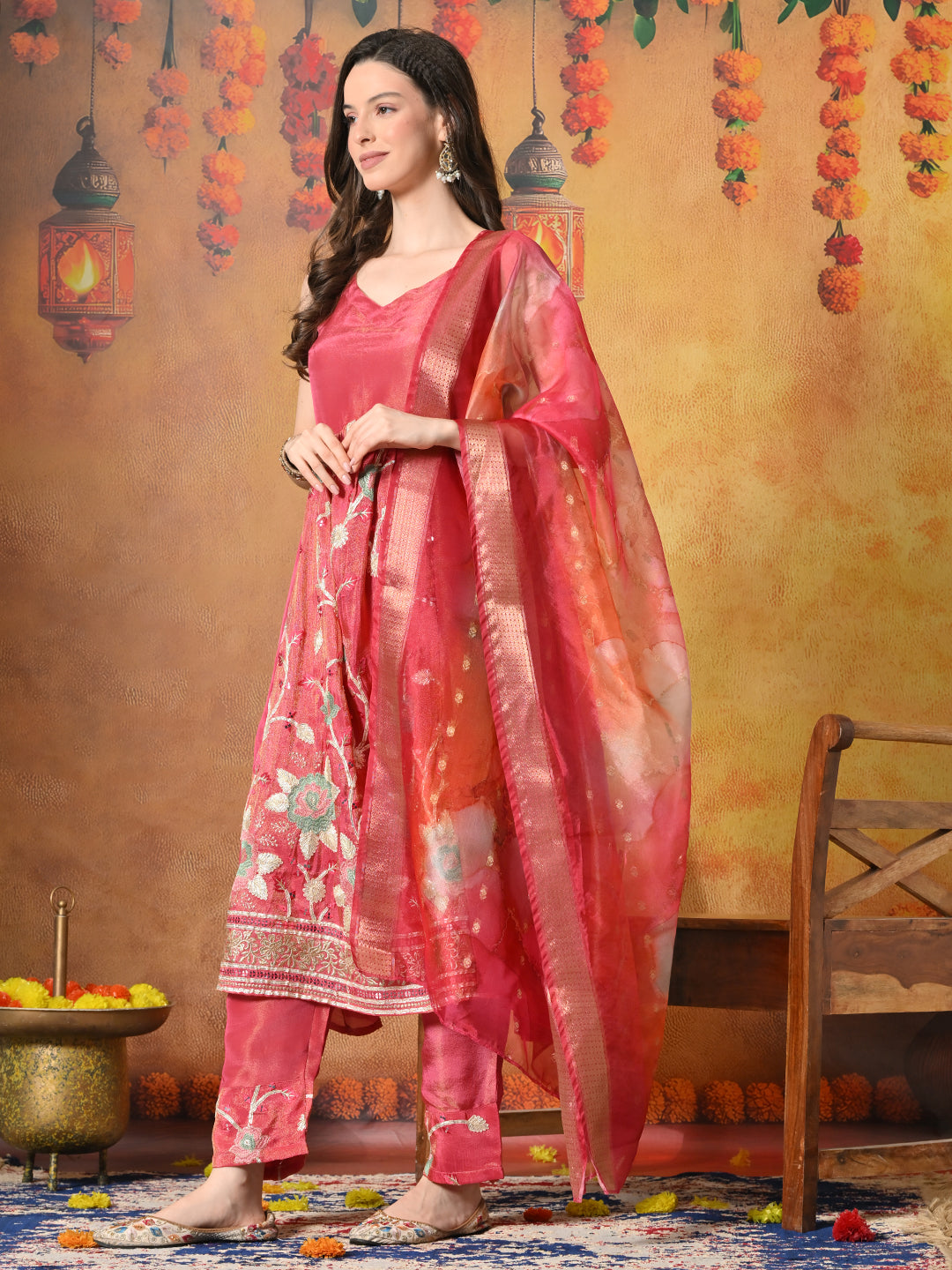 Myshka Women Pink Embroidered Sleeveless Kurta Set with Dupatta Festive Wear