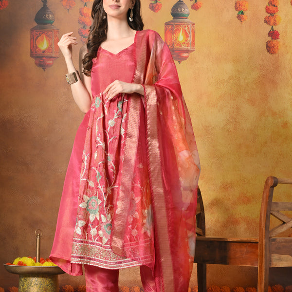 Myshka Women Pink Embroidered Sleeveless Kurta Set with Dupatta Festive Wear