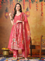 Thumbnail for Myshka Women Pink Embroidered Sleeveless Kurta Set with Dupatta Festive Wear