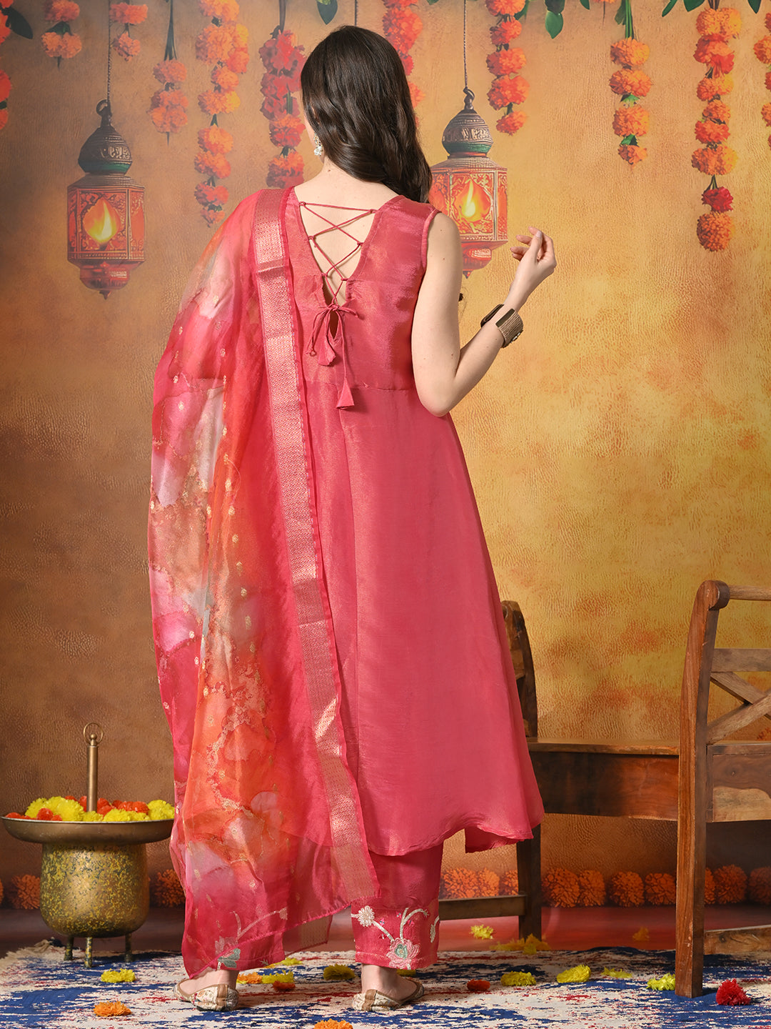 Myshka Women Pink Embroidered Sleeveless Kurta Set with Dupatta Festive Wear