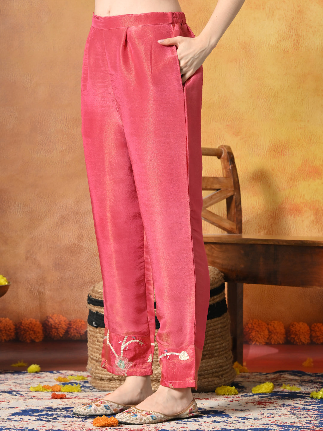 Myshka Women Pink Embroidered Sleeveless Kurta Set with Dupatta Festive Wear