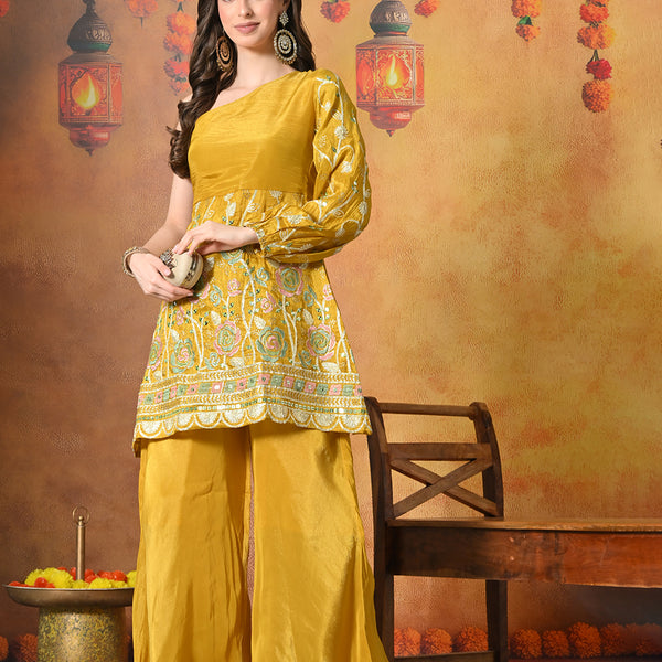 Myshka Women Yellow Embroidered Off Shoulder Kurta Set Festive Wear