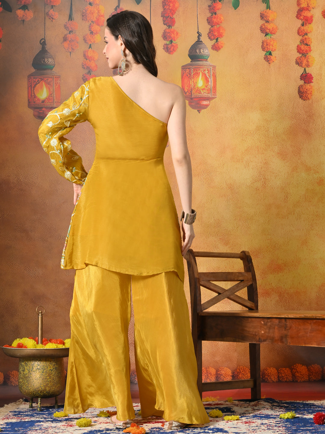 Myshka Women Yellow Embroidered Off Shoulder Kurta Set Festive Wear