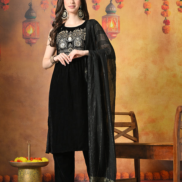 Myshka Women Black Velvet Embroidered Yoke Sleeveless Kurta Set with Dupatta