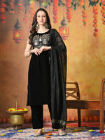 Thumbnail for Myshka Women Black Velvet Embroidered Yoke Sleeveless Kurta Set with Dupatta