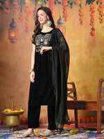 Thumbnail for Myshka Women Black Velvet Embroidered Yoke Sleeveless Kurta Set with Dupatta