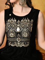 Thumbnail for Myshka Women Black Velvet Embroidered Yoke Sleeveless Kurta Set with Dupatta