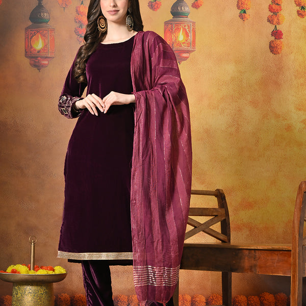 Myshka Women Wine Velvet Embroidered Regular Sleeves Kurta Set with Dupatta - Distacart