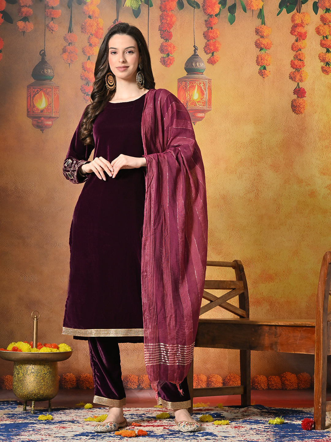 Myshka Women Wine Velvet Embroidered Regular Sleeves Kurta Set with Dupatta