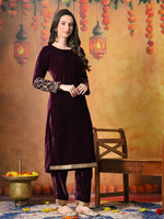 Thumbnail for Myshka Women Wine Velvet Embroidered Regular Sleeves Kurta Set with Dupatta - Distacart