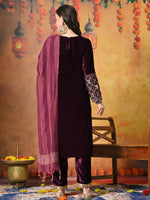 Thumbnail for Myshka Women Wine Velvet Embroidered Regular Sleeves Kurta Set with Dupatta - Distacart