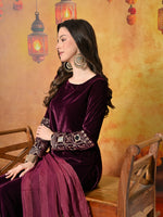 Thumbnail for Myshka Women Wine Velvet Embroidered Regular Sleeves Kurta Set with Dupatta - Distacart