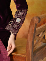Thumbnail for Myshka Women Wine Velvet Embroidered Regular Sleeves Kurta Set with Dupatta - Distacart