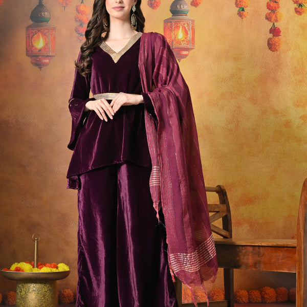 Myshka Women Wine Velvet Flared Sleeves Kurta Set with Dupatta - Distacart