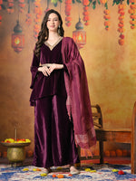 Thumbnail for Myshka Women Wine Velvet Flared Sleeves Kurta Set with Dupatta - Distacart
