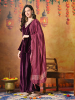 Thumbnail for Myshka Women Wine Velvet Flared Sleeves Kurta Set with Dupatta - Distacart