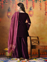 Thumbnail for Myshka Women Wine Velvet Flared Sleeves Kurta Set with Dupatta - Distacart