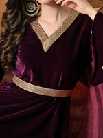 Thumbnail for Myshka Women Wine Velvet Flared Sleeves Kurta Set with Dupatta - Distacart